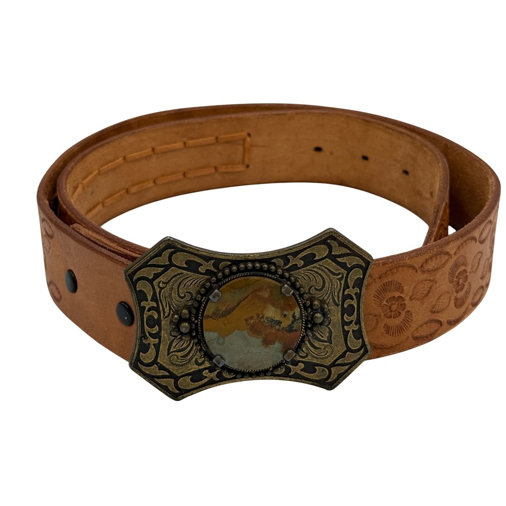 Tooled Leather Belt Mens Jasper Stone Buckle 44 Tan Brown Western Boho Handmade